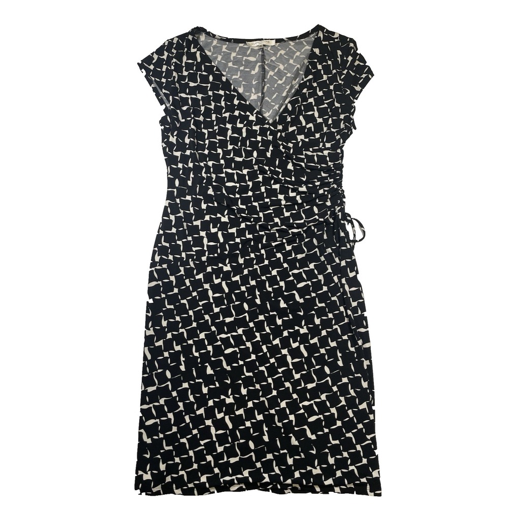 Evan-Picone Dress Women's Black White Draped Faux Wrap Cap Sleeve Ruched 16